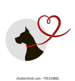 Black silhouette of great dane dog with red lead (ribbon) in shape of heart. Vector illustration, logo, icon