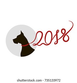 Black silhouette of great dane with red lead (ribbon) in shape of 2018, dog as symbol of year. Vector illustration, logo, icon