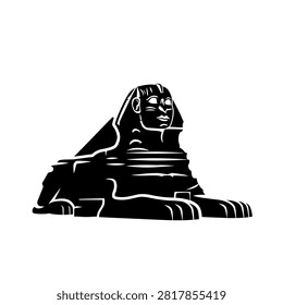 A black silhouette of the Great Sphinx of Giza, a mythical creature with the body of a lion and the head of a human, representing ancient Egyptian history and mythology.