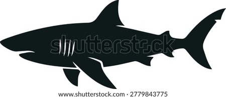 A black silhouette of a great white shark, viewed from the side, with its fins and tail clearly visible.