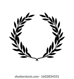 Black silhouette of greek laurel wreath in flat style, vector illustration isolated on white background. Icon or emblem of laureate branches or bays as symbol of victory and triumph