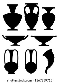 Black silhouette. Greek pottery icon collection. Amphora, rhyton, kylix. Greek or roman culture. Flat vector illustration isolated on white background.