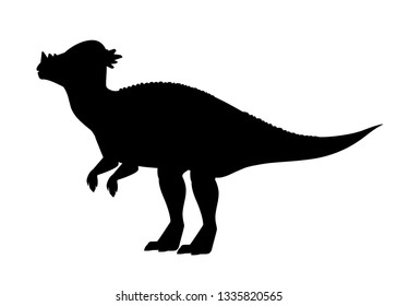 Black silhouette. Green Pachycephalosaurus. Cute dinosaur, cartoon design. Flat vector illustration isolated on white background. Animal of jurassic world. Giant herbivore dinosaur.