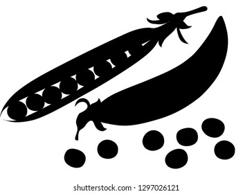 Black silhouette of green peas. Pods of green peas with leaves. Set with whole and open peas in pods. Flat vector illustration isolated on white background. Cartoon style vegetable,