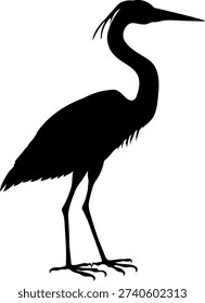 Black silhouette of grey heron (Ardea cinerea) isolated on white background