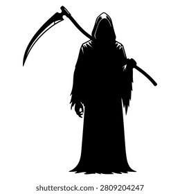 A black silhouette of the Grim Reaper figure holding a scythe, symbolizing death and mortality, set against a plain white background.