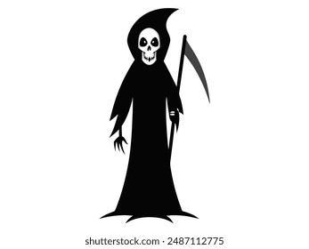 Black silhouette of the Grim Reaper isolated on a white background. Concept of death, spooky figure, minimalist style, Halloween. Print, digital art, illustration, design element