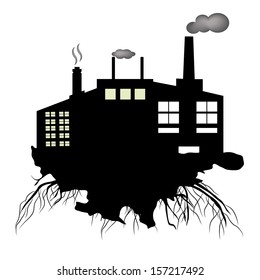 a black silhouette of a group of building with pollution