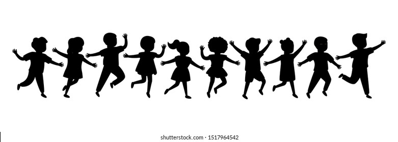 Black silhouette group of cartoon happy children girl and boy joyfully run. Cute diverse kids. Vector illustration