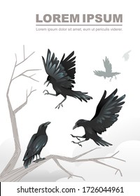 Black silhouette group of black crows a dead tree branch advertising flyer design cartoon animal style flat vector illustration on white background