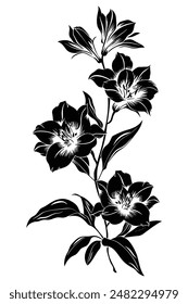 Black silhouette of a group of flowers blooming, isolated on a white background