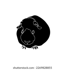 Black silhouette of the guinea pig on white background. Graphic drawing. Vector illustration.