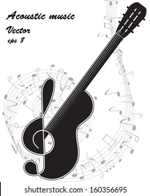 Black silhouette of a guitar and treble clef on the music notes background. Vector. eps 8.