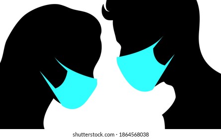 Black silhouette of a guy and a girl in medical masks. Lifestyle during the coronavirus epidemic and quarantine. Vector isolated illustration on white background.