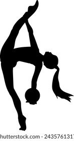 Black silhouette of a gymnast on a white background, performing acrobatic gymnastics exercises with a ball in a vector illustration
