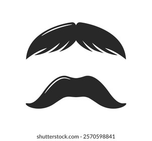 Black silhouette of a hairstyle and mustache on a white background. Minimalistic vector style element for design concepts, fashion, or grooming themes. Vector illustration.