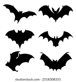 Black silhouette Halloween bat vector set.