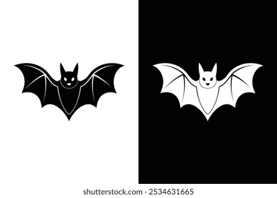 Black silhouette Halloween bat vector illustration on white background.	