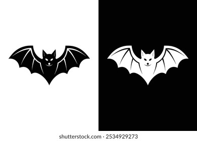 Black silhouette Halloween bat vector illustration on white background.	