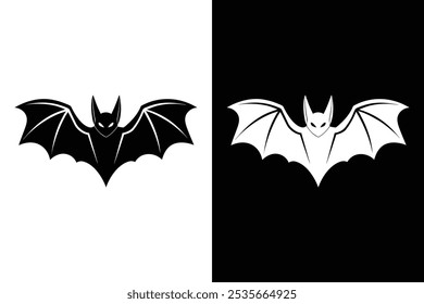 Black silhouette Halloween bat vector icon illustration on white background.	