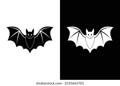 Black silhouette Halloween bat vector icon illustration on white background.	