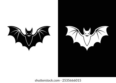 Black silhouette Halloween bat vector icon illustration on white background.	