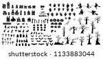 Black silhouette Halloween elements including trees, bats, houses, and spooky symbols for design use.