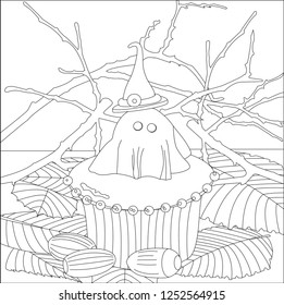 Black silhouette of Halloween muffin in the shape of a Ghost in a stylized autumn backdrop imitating the forest on a white background. Sweet homemade bakery. Creative vector illustration. For coloring