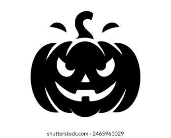 Black silhouette of Halloween pumpkin. Art. Whimsical Jack-o-lantern with a menacing grin. Isolated on white background. Concept of Halloween, festive decor, autumn celebration, spooky symbol. Icon