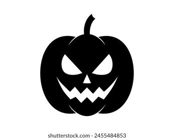 Black silhouette of Halloween pumpkin. Illustration. Jack-o-lantern with a menacing grin. Isolated on white background. Concept of Halloween, festive decor, autumn celebration, spooky symbol. Icon.