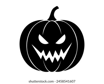 Black silhouette of Halloween pumpkin. Illustration. Jack-o-lantern with a menacing grin. Isolated on white surface. Concept of Halloween, festive decor, autumn celebration, spooky symbol. Icon.