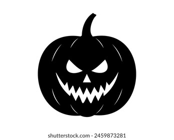 Black silhouette of Halloween pumpkin. Illustration. Jack-o-lantern with a menacing grin. Isolated on white backdrop. Concept of Halloween, festive decor, autumn celebration, spooky symbol. Icon.