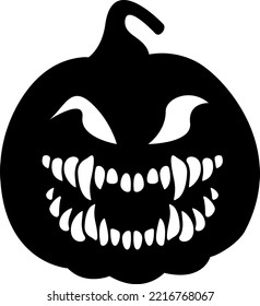 Black silhouette of halloween pumpkin with scary toothy smiling face, vector illustration. Frightening pumpkin for the holiday, drawing for a tattoo