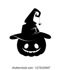 Black silhouette of halloween pumpkin in witch hat. Vector illustration