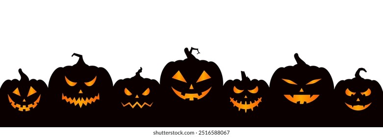 Black silhouette of Halloween pumpkins on a white background. Halloween pumpkins with scary and funny faces. Scary faces and ghosts for Halloween greeting cards, invitations, and web banners. Vector