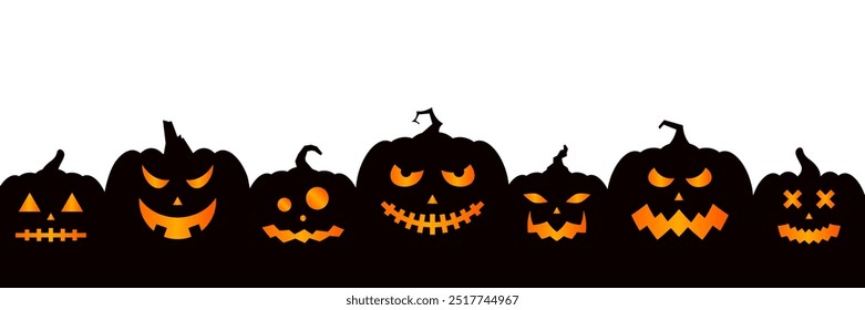 Black silhouette of Halloween pumpkins on a white background. Halloween pumpkins with scary and funny faces. Scary faces and ghosts for Halloween greeting cards, invitations, and web banners. Vector