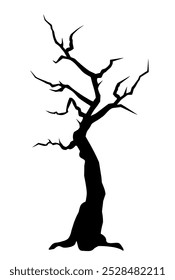 Black silhouette of a Halloween spooky bare tree isolated on a white background. Vector illustration. Hand-drawn illustration, not AI