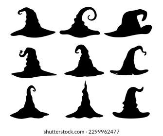 Black silhouette of Halloween witch hat vector icons, Halloween party costume elements. Wizard headwear, traditional magician caps. Magic cap evil.