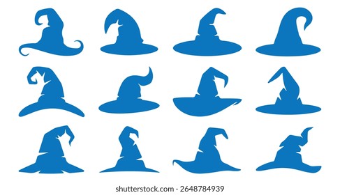 Black silhouette of Halloween witch hat vector icons, Halloween party costume elements. set of various witch hat silhouettes, ideal for Halloween-themed traditional magician caps. Magic cap white back