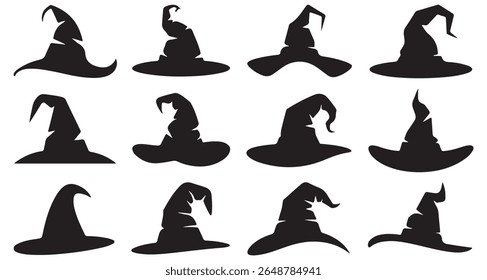 Black silhouette of Halloween witch hat vector icons, Halloween party costume elements. set of various witch hat silhouettes, ideal for Halloween-themed traditional magician caps. Magic cap white back