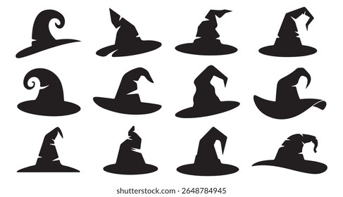 Black silhouette of Halloween witch hat vector icons, Halloween party costume elements. set of various witch hat silhouettes, ideal for Halloween-themed traditional magician caps. Magic cap white back