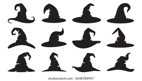 Black silhouette of Halloween witch hat vector icons, Halloween party costume elements. set of various witch hat silhouettes, ideal for Halloween-themed traditional magician caps. Magic cap white back