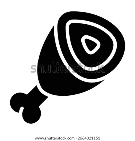 Black silhouette of ham leg with bone, clean style, isolated on white background, ideal for delicatessen, food market, and cooking content.	
