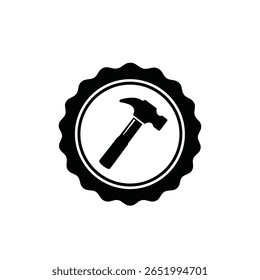 A black silhouette of a hammer inside a round seal with a wavy edge is shown against a white background The image is a vector graphic with a simple minimalist style