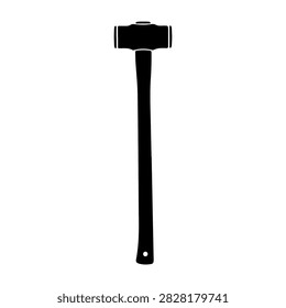 A black silhouette of a hammer with a long handle and a rectangular head, centered on a plain white background, emphasizing its shape and form.