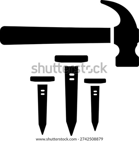 Black silhouette of a hammer and three nails, representing construction, DIY, and repair.