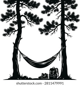 Black silhouette of hammock hanging between tall pine trees forest relaxation nature scene