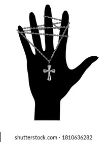 Black silhouette of a hand with a chain on the fingers and with a catholic cross on a chain on the palm isolated on white. Vector illustration