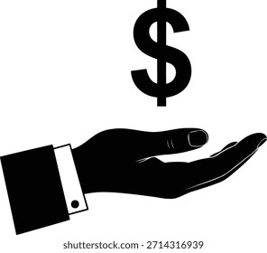 Eine schwarze Silhouette einer Hand mit Manschette und Knopf, Handfläche nach oben, mit einem großen Dollarzeichen darüber, auf rein weißem Hintergrund
