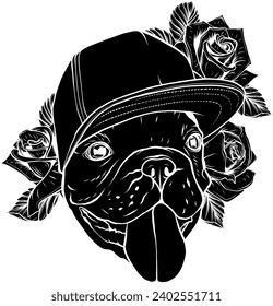 silueta negra de Hand dibuja un retrato de pug usando una corona de flores. Ilustración del vector